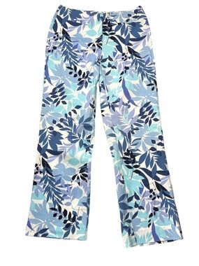 Tropical Floral Wide Leg Pants Coastal Resort Wear Stretch Size Blue White 8